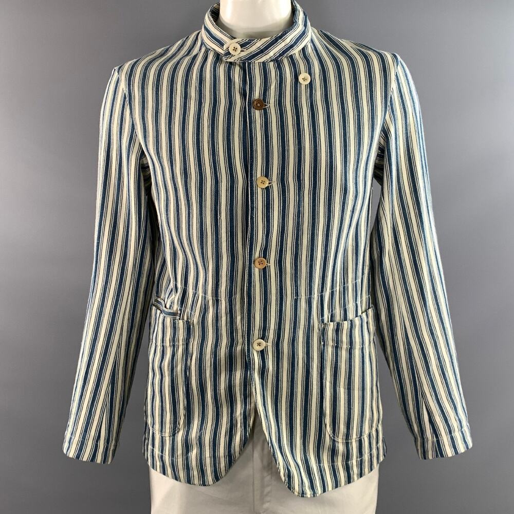 45rpm Size L Blue White Stripe Cotton Nehru Collar Jacket
